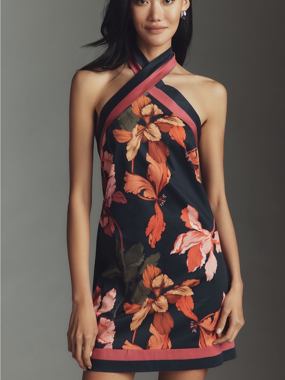 Hutch Black Floral Halter Dress with Coral and Pink Accents